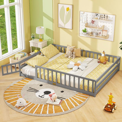 Dreamade Floor Bed with Door & Fence Kids Wood Montessori Beds with Safety Guardrails