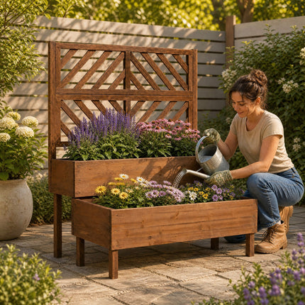 DREAMADE Raised Garden Bed with Trellis, 2-Tier Wooden Planter Box, Brown