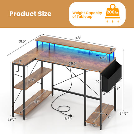 DREAMADE L-Shaped Gaming Desk with LED Lights & Power Outlets, 48" Computer Table with Storage Shelves
