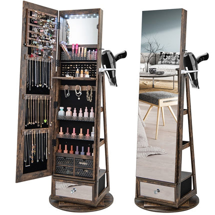DREAMADE 360° Swivel Jewelry Cabinet with Body Mirror, Full Length Mirror with Storage Jewelry Armoire with Back Storage Shelve