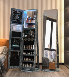 DREAMADE 360° Rotating Jewelry Armoire, 3-in-1 Lockable Large Capacity Jewelry Organizer w/ 3 Color LED Lighting