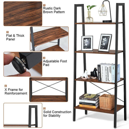 Ladder Shelf 4-Tier Industrial Bookshelf Storage Rack - Dreamadeus