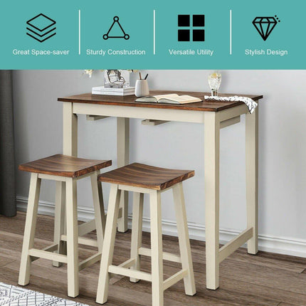 3 Piece Pub Dining Set, Counter Height Pub Table with 2 Saddle Bar Stools, Tavern Collection Table (Brown & Milky White) - Dreamadeus