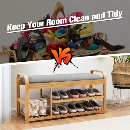 Dreamade Shoe Rack Bench, Entryway 3-Tier Bamboo Shoe Organizer with Cushion (Natural and Grey)