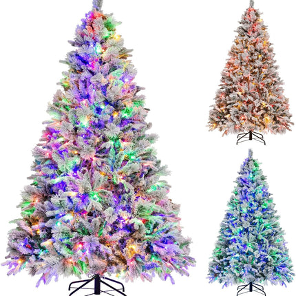Dreamade Pre-Lit Snow Flocked Christmas Tree, Artificial Hinged Xmas Tree with 160 Multi-Color LED Lights