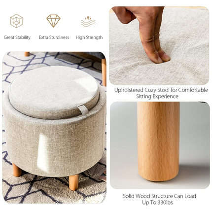 Dreamade Round Storage Ottoman with Tray, Accent Storage Footstool w/ Soft Padding