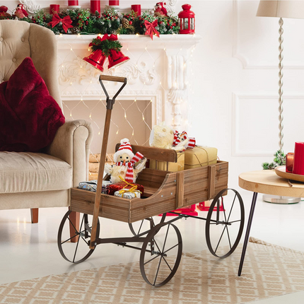 Dreamade Decorative Garden Planter, Small Wagon Cart with Metal Wheels, Wood Raised Beds Plant Pot Stand for Backyard Garden Patio 24.5"x13.5"x24"