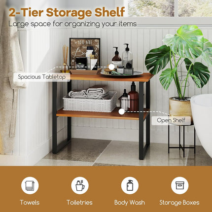 Dreamade Bathroom Storage Shelf with Waterproof Finish, 2-Tier Teak Wood Bookshelf