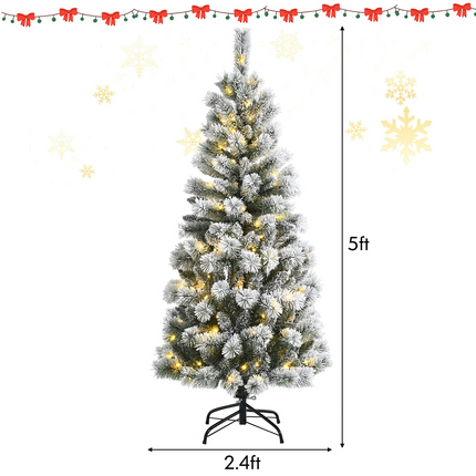 Dreamade 5ft Pre-lit Snow Flocked Christmas Tree, Premium Hinged Artificial Pine Tree w/ 9 Lighting Modes & 140 Color Changing LED Lights - DreamadeUS