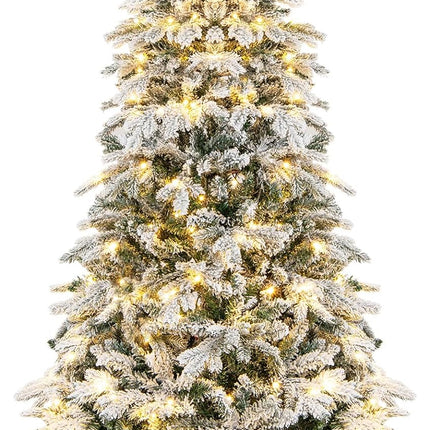 Dreamade Pre-Lit Snow Flocked Christmas Tree, Artificial Hinged Xmas Tree with Branch Tips, PE & PVC Mixed Leaves