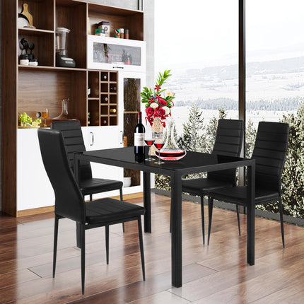 5 Piece Kitchen Dining Table Set with Glass Table Top Leather Padded 4 Chairs (Black) - Dreamadeus