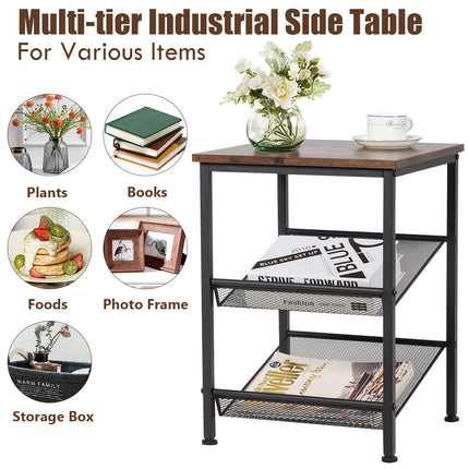 Dreamade Stable Metal Frame Easy Assembly Accent Wood Look Printer Table Bedroom Nightstand(1,Black&Rustic Brown)