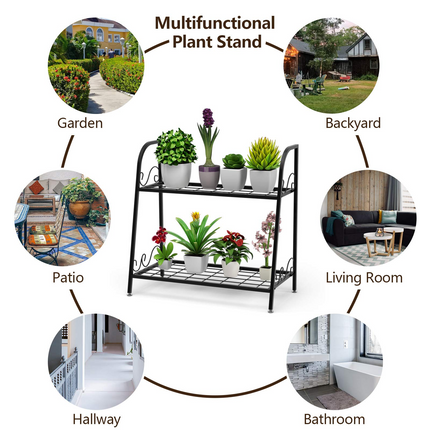 Dreamade 2 Tier Metal Plant Stand, Indoor Outdoor Plant Shelf, Flower Rack Display Shelf