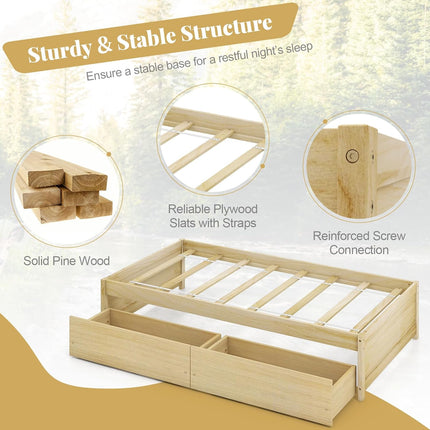 Dreamade Queen/Full/Twin Size Bed Frame with 2 Storage Drawers, Solid Wood Platform Bed with Slats Support