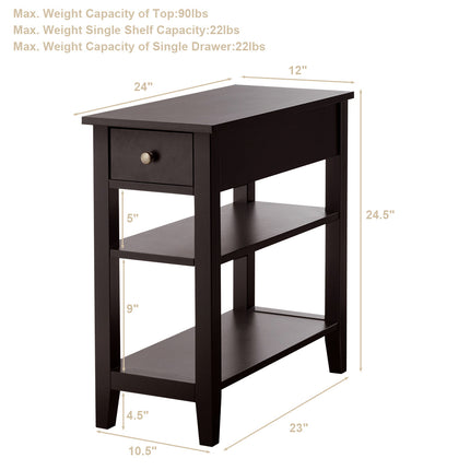 Dreamade 3-Tier End Table with Drawer and Double Shelves Narrow Tiered Side Table for Bedroom
