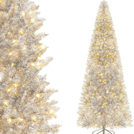Dreamade 6ft Pre-lit Silver Pencil Christmas Tree, Artificial Tinsel Electroplated Tree, Decor for Home