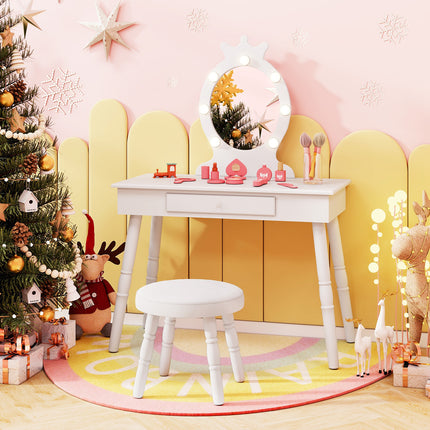 DREAMADE 2-in-1 Kids Makeup Vanity, Girls Vanity w/Lights, Stool, Mirror & Drawer