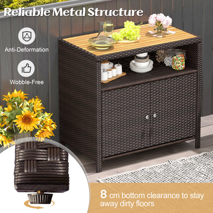 DREAMADE Outdoor Storage Cabinet, Wicker Patio Cabinet with Wood Top, Brown