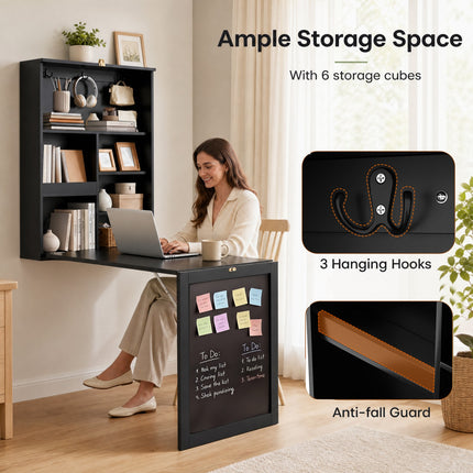 DREAMADE Folding Wall Desk, Wall Mounted Table with Storage, Fold Out Table with Shelves