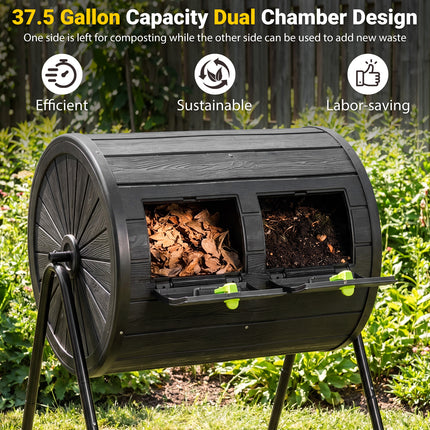 DREAMADE 37.5 Gallon Compost Bin, Dual Chamber Tumbler Composter, Black
