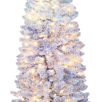 Dreamade 6FT / 7FT Blue Gradient Snow Flocked Christmas Tree with Warm White LED Lights