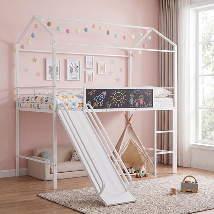 Dreamade Twin Size House Loft Bed | Low Loft Bedframe w/Roof