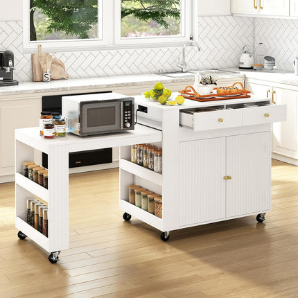 Dreamade 72”-44.5” Extendable Kitchen Island with Storage, Power Outlet | Rolling Kitchen Island Table on Wheels w/Fluted Doors