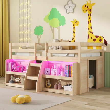 Dreamade Low Loft Bed with LED Lights, Wooden Twin Loft Bed with Stairs & Safety Guardrail