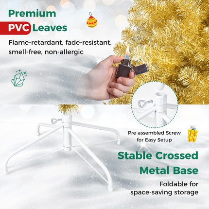 DREAMADE 6 FT Gold Tinsel Christmas Tree, Metallic Artificial Decoration