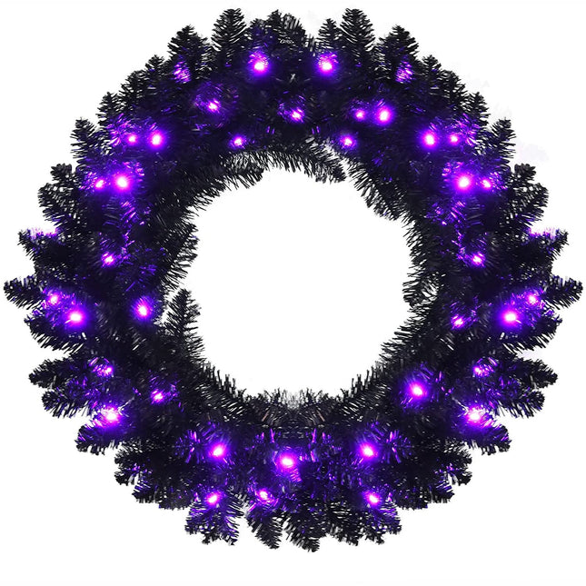 24' Black Halloween Wreath, Pre-lit Artificial Christmas Wreath - DreamadeUS