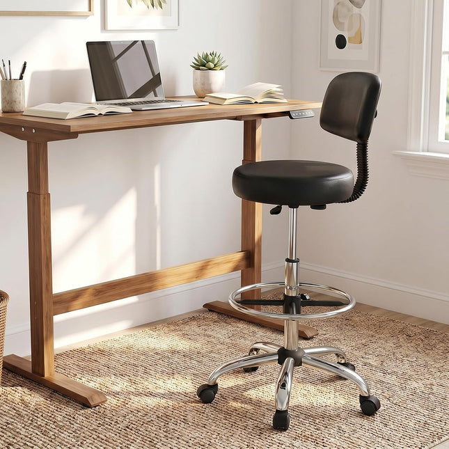 Dreamade Drafting Chair with Back, Adjustable Foot Rolling Stool with Wheels | PVC Leather Tall Office Chair w/ Thickened Cushion
