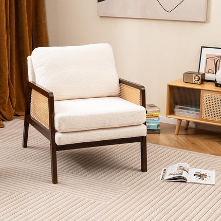 Dreamade Mid Century Modern Accent Chair, Boho Boucle Living Room Arm Chair w/Rattan Arms
