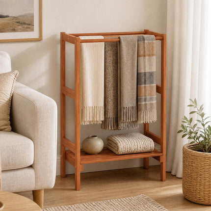 Dreamade 3-Bar Wood Towel Rack Freestanding with Bottom Storage Shelf | Wooden Towel Drying Stand