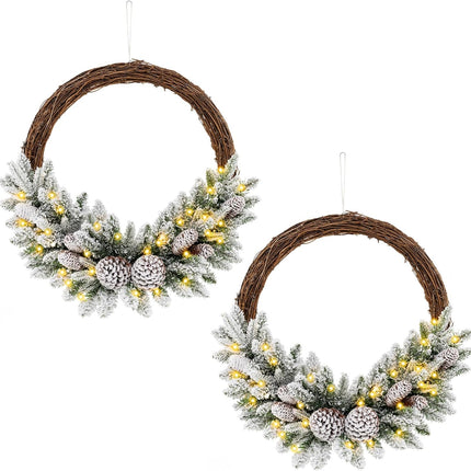 Dreamade 24” Pre-Lit Artificial Christmas Wreath, Snow Flocked Xmas Wreath with 35 Battery Operated Warm White LED Lights