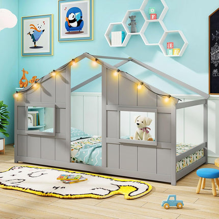 Dreamade Twin Kids House Bed with Light Bulbs Wooden Montessori Floor Bed Frame with Roof & Windows