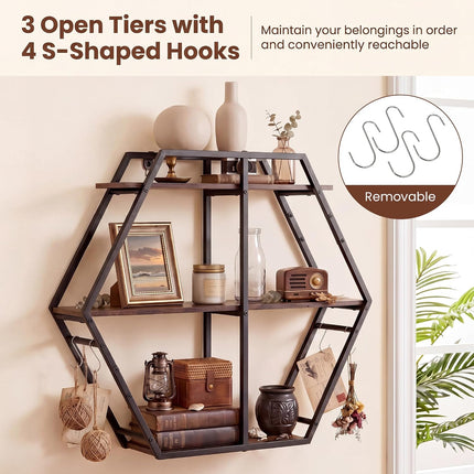 Dreamade Industrial Hexagon Wall Shelf with 3-Tier Storage Shelves & 4 Hooks | Decorative Wall Display Rack Unit with Metal Frame