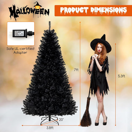 Dreamade 6/7/8 FT Pre-Lit Black Halloween Tree, Artificial Hinged Christmas Tree with 280/380/500 Orange & Purple LED Lights