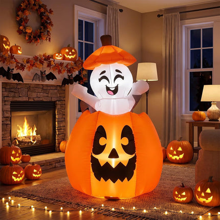 DREAMADE 5FT Animated Halloween Inflatable Rising Cute Ghost in Pumpkin