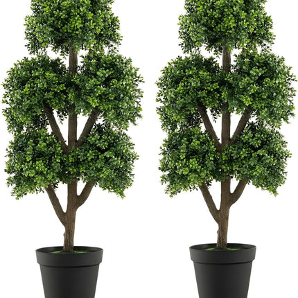 Dreamade Artificial Boxwood Topiary Tree, 45” Tall Faux Potted Plants with 5 Ball-Shaped Topiaries, Cement Flowerpot