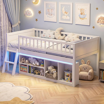 Dreamade Low Loft Bed Twin Size with LED Lights