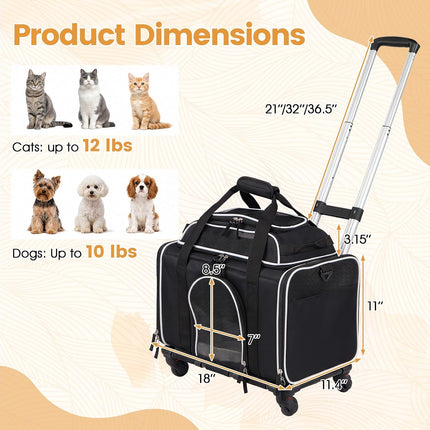 Dreamade Top-Expandable Pet Carrier with Wheels for Small Cat & Dog (Black) | Foldable Rolling Pet Bag with Telescopic Handle