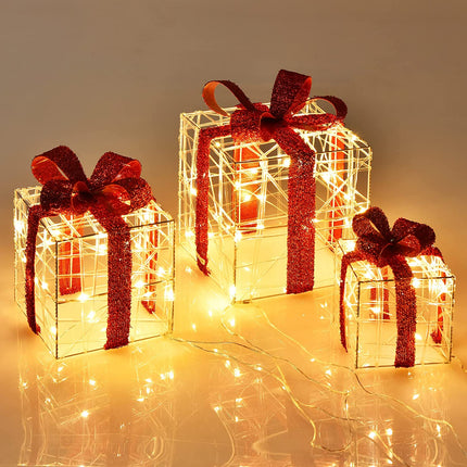 Lighted Gift Boxes Christmas Decoration, Set of 3 White Present Ornament Boxes with 60 LED Lights - DreamadeUS