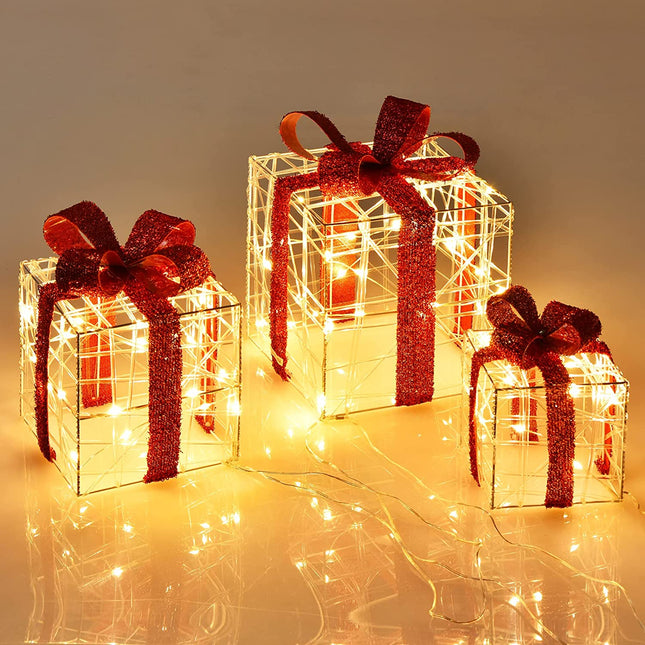 Lighted Gift Boxes Christmas Decoration, Set of 3 White Present Ornament Boxes with 60 LED Lights - DreamadeUS
