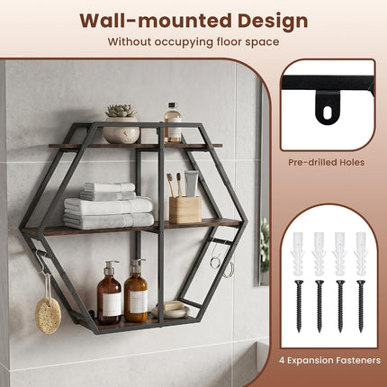 Dreamade Industrial Hexagon Wall Shelf with 3-Tier Storage Shelves & 4 Hooks | Decorative Wall Display Rack Unit with Metal Frame