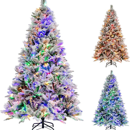 Dreamade Pre-Lit Snow Flocked Christmas Tree, Artificial Hinged Xmas Tree with 160 Multi-Color LED Lights