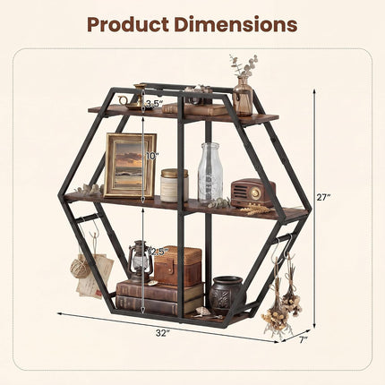 Dreamade Industrial Hexagon Wall Shelf with 3-Tier Storage Shelves & 4 Hooks | Decorative Wall Display Rack Unit with Metal Frame