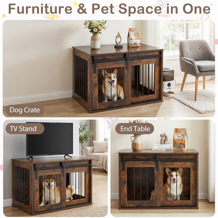 Dreamade 31.5" Dog Crate Furniture with Sliding Barn Door, Wooden Dog Kennel | Heavy Duty Wood Pet Cage End Side Table