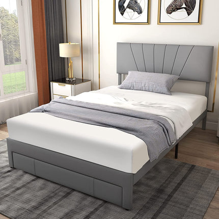 Dreamade Upholstered Queen Bed Frame with Drawer, Modern Platform Bed with Storage & Adjustable Headboard