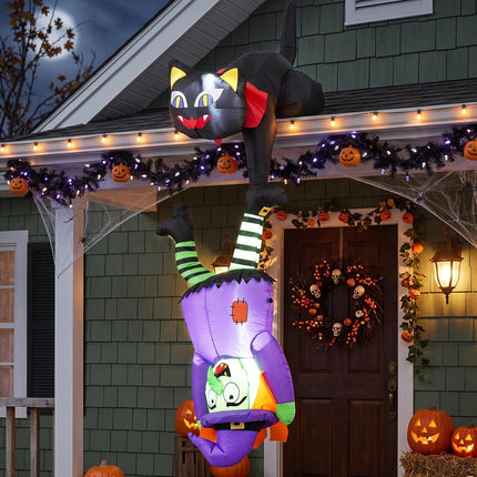 DREAMADE 6.2 FT Halloween Inflatables Black Cat Holding Upside Down Witch