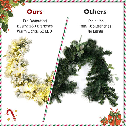 9ft Snow Flocked Christmas Garland with 50 LED Light - DreamadeUS